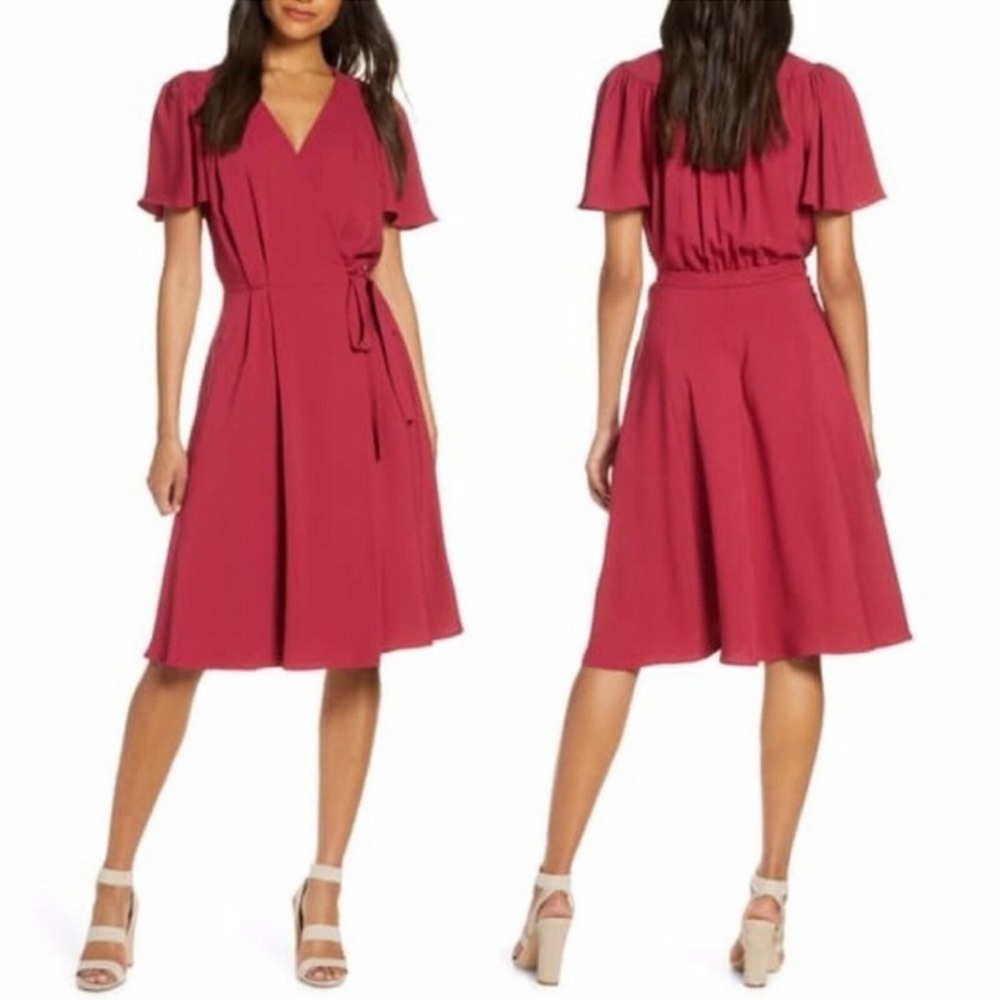 Gal Meets Glam Kinsley Flutter Sleeve Wrap Dress Candy Apple Red Size 2